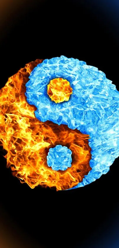 Yin Yang with fiery and icy elements on a black background.