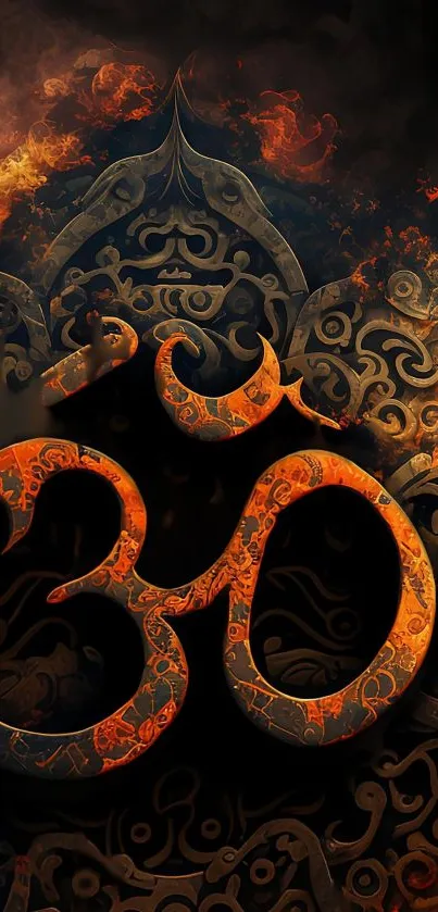 Vibrant fiery Om symbol on a Sanskrit-inspired background.