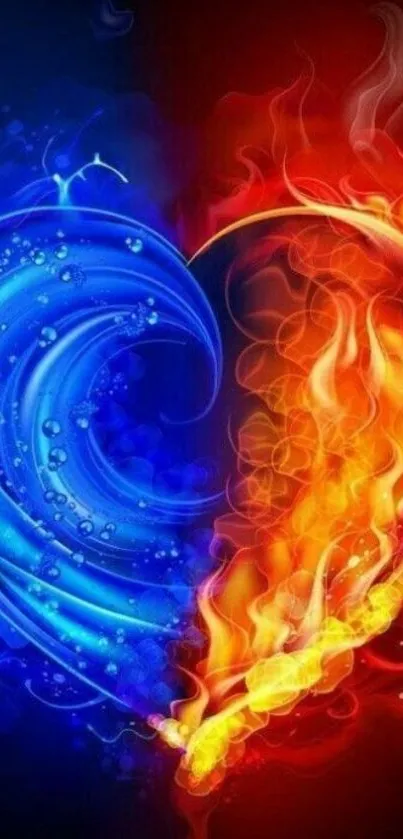 Vibrant red and blue fire and water heart wallpaper.