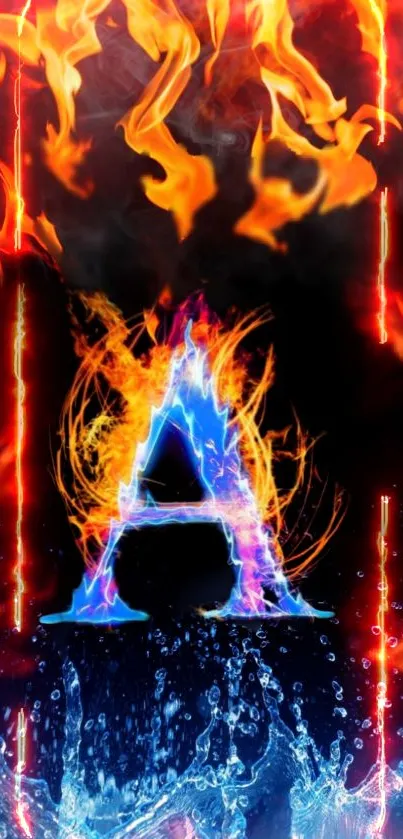 Letter A engulfed in fire and water effects.