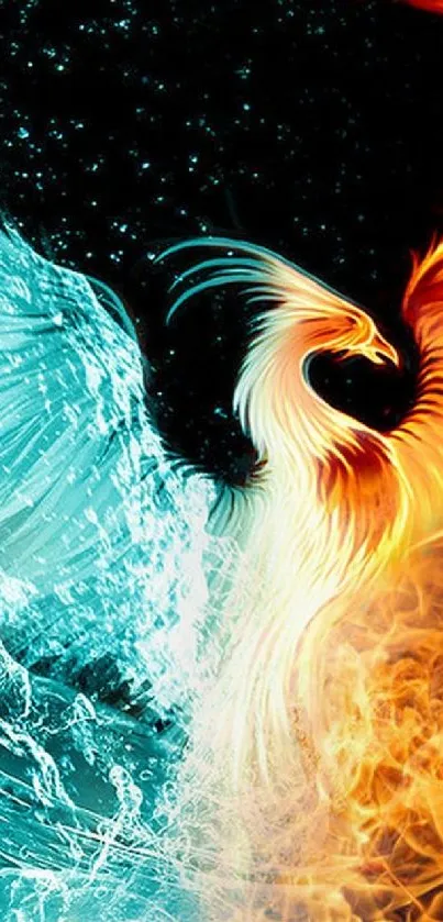 Dual phoenixes in fire and water theme, vibrant mobile wallpaper.