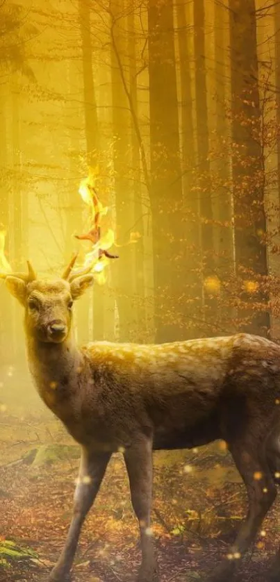 Deer with flaming antlers in a golden forest.