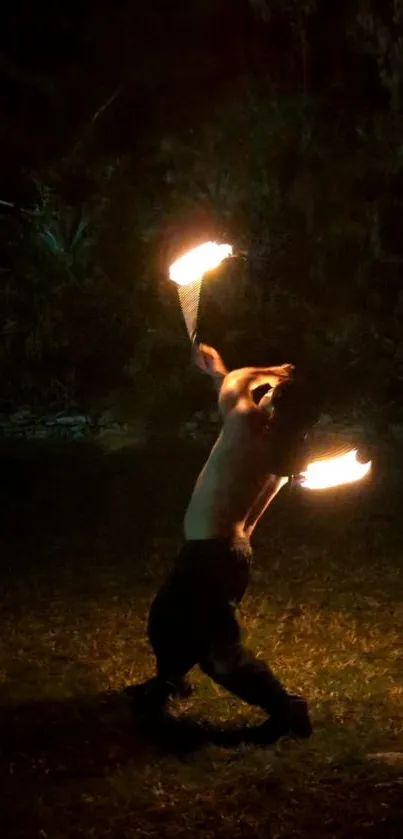 A performer dances with fire under a dark night sky, creating a stunning visual display.