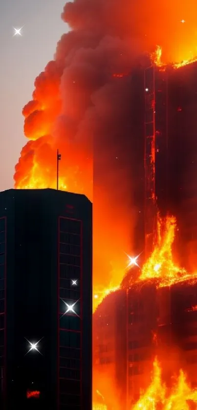 Cityscape engulfed in dramatic orange flames and dark smoke.