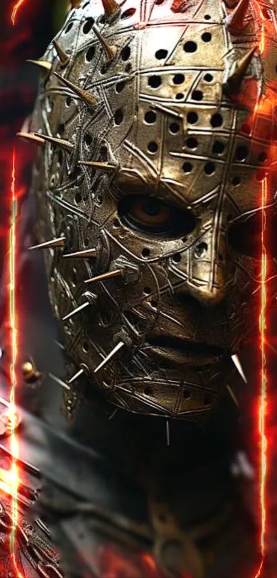 Spiked metal mask engulfed in flames.