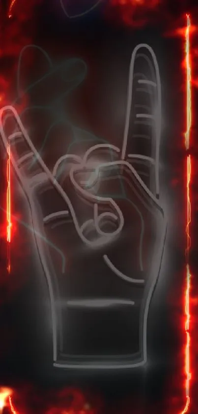 Neon hand gesture with fiery flames on black background wallpaper.