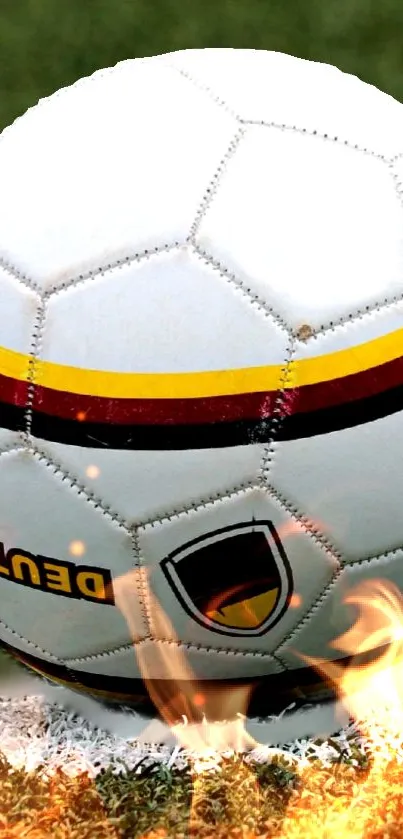 Soccer ball with flames on grass, dynamic wallpaper.