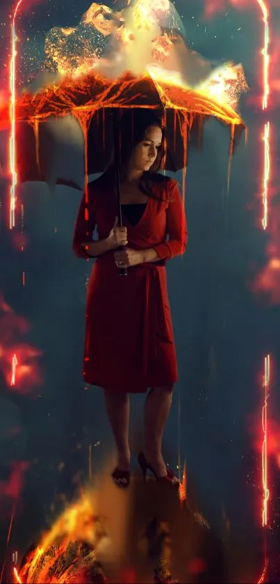 Woman in red dress holding a fiery umbrella surrounded by dramatic flames.