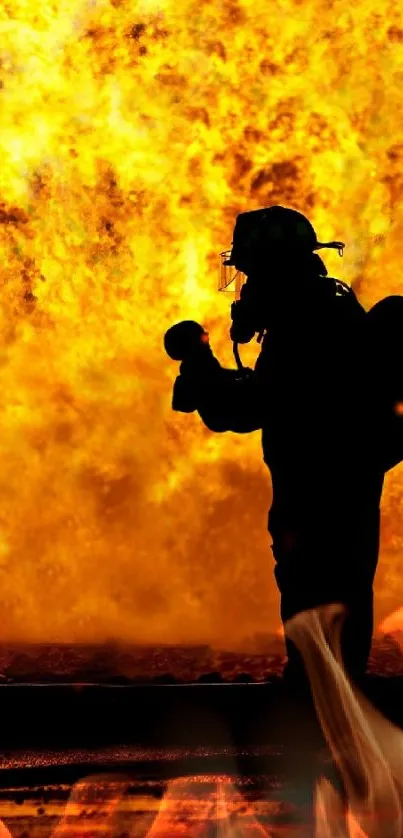 Firefighter silhouette amidst intense orange flames, depicting courage.