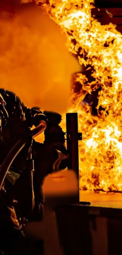 Firefighter battling intense flames in action scene.