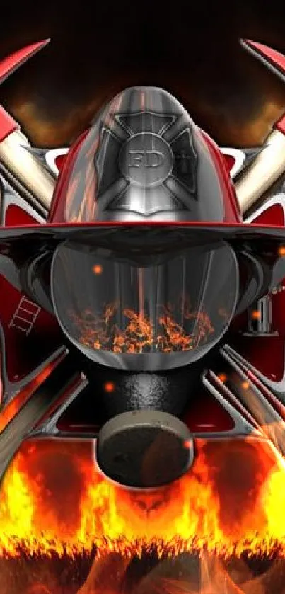 Bold firefighter helmet and axes with flames mobile wallpaper.