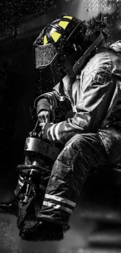 A firefighter in action using equipment, set in a dark themed background.