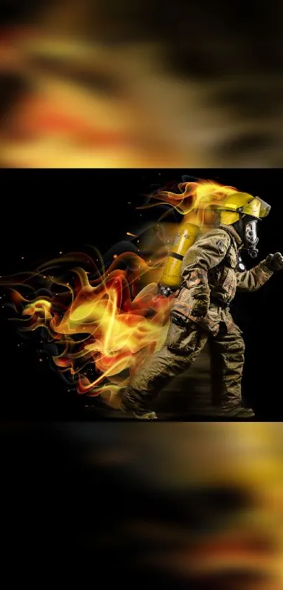 Mobile wallpaper of a firefighter with flames on a black background.