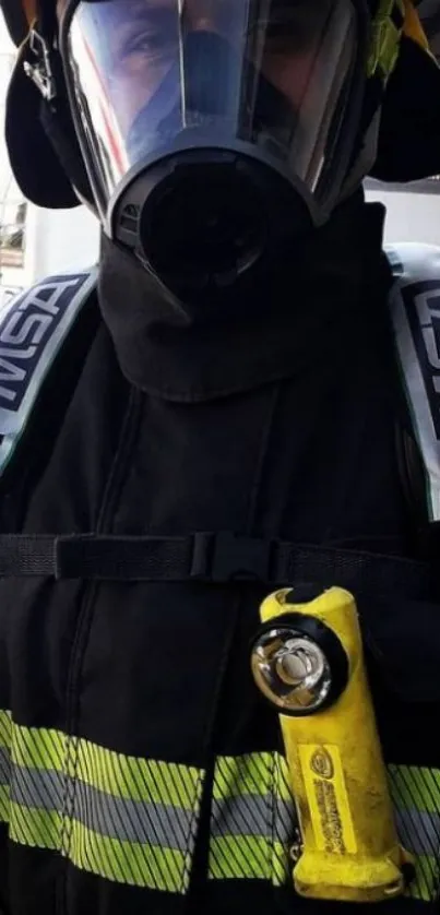 A firefighter in safety gear with breathing apparatus and helmet.