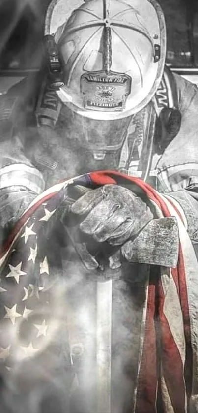 Firefighter holding American flag in tribute pose.