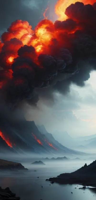 Volcanic landscape with fiery eruption under cloudy sky.