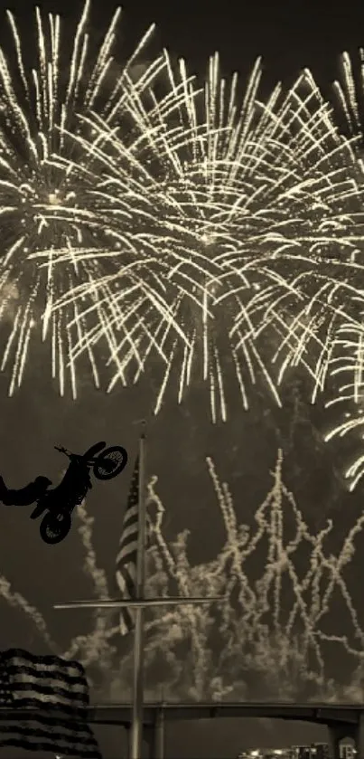 Motorcycle stunt with fireworks in sepia tones, creating a thrilling mobile wallpaper.