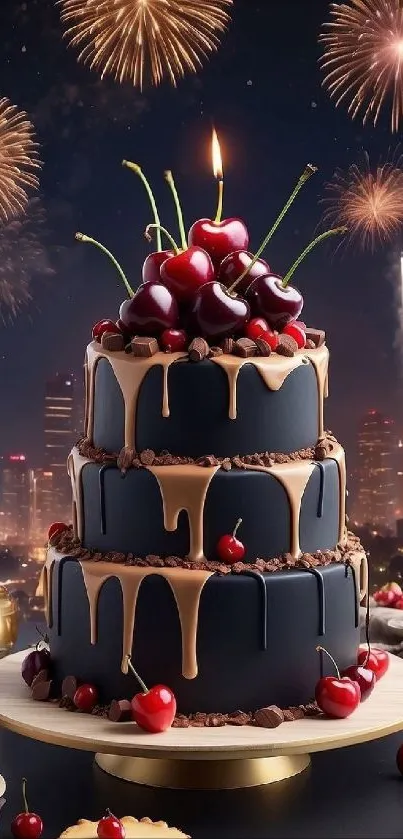 Chocolate cake with cherries and fireworks background.