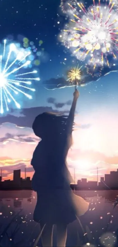 Silhouette under vibrant fireworks with city skyline at night.