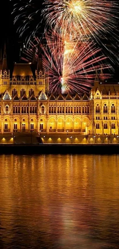 Fireworks over a lit historic building with river reflections at night.