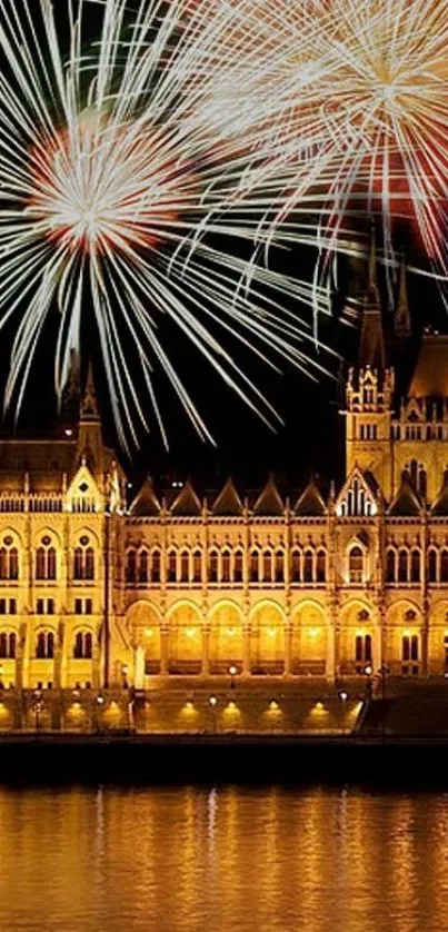 Majestic castle with bright fireworks illuminating the night sky.