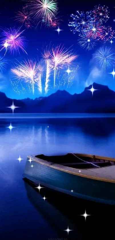 Fireworks illuminate the night over a lake with boat and mountain silhouettes.