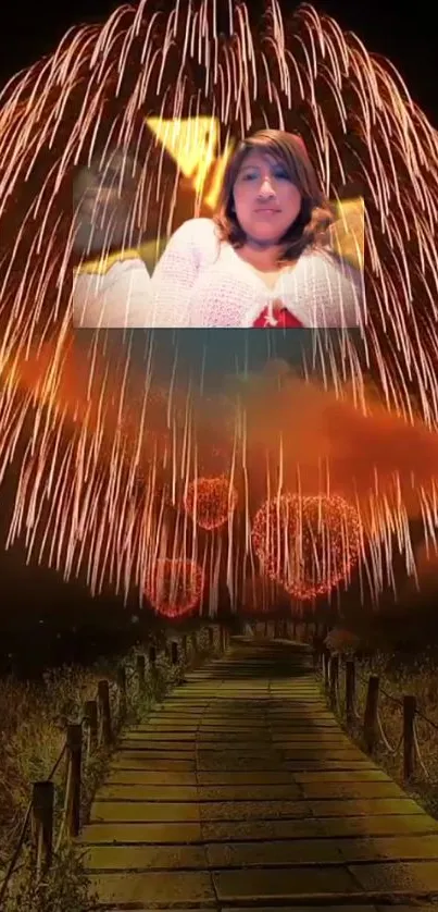 Fireworks display over a wooden pathway with warm orange hues.