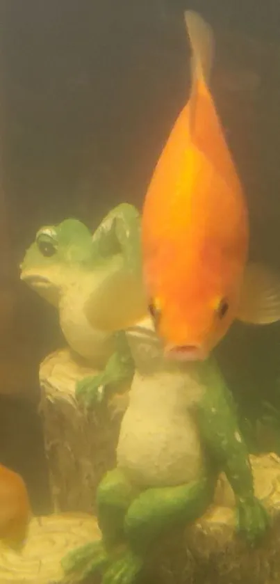 Vibrant fish and frog statue in an aquarium setting.