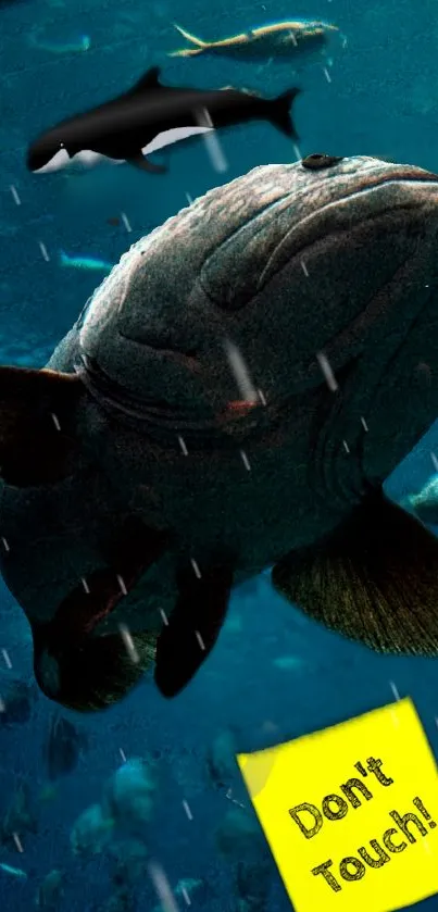 Majestic fish swimming underwater with a 'Don't Touch!' sign.