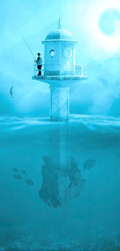 Surreal fisherman on a water tower under a moonlit blue ocean sky.