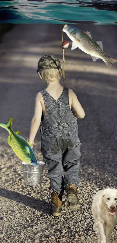 Boy fishing with dog and fish in whimsical outdoor scene.