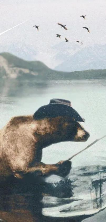 Bear wearing hat fishing in mountain lake with birds and shooting star.