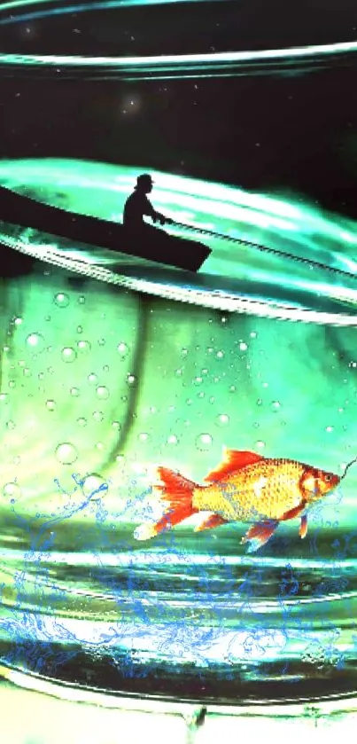 Surreal fishing scene with a fish in a glass art.