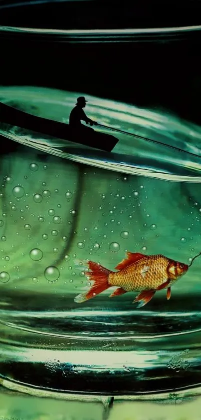 Surreal fishing scene with a goldfish in a glass and a fisherman on top.