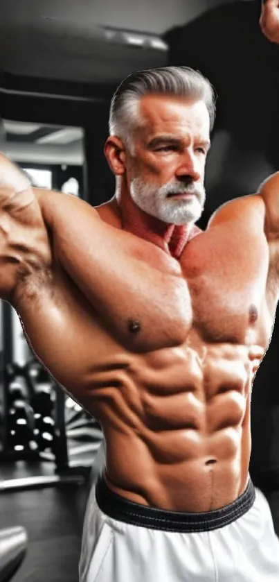 Elderly man displaying a muscular physique in a gym environment.