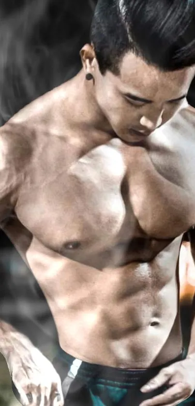 Muscular male model surrounded by smoke in a fitness-themed wallpaper.