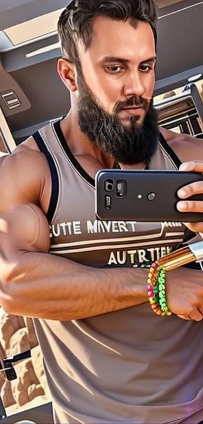 Muscular man taking gym selfie on smartphone, vibrant fitness wallpaper.