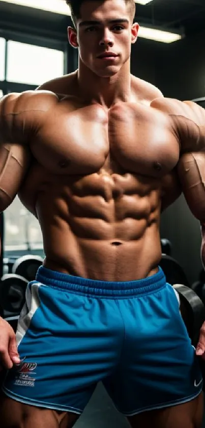 Muscular bodybuilder in a gym, blue shorts, displaying powerful physique.