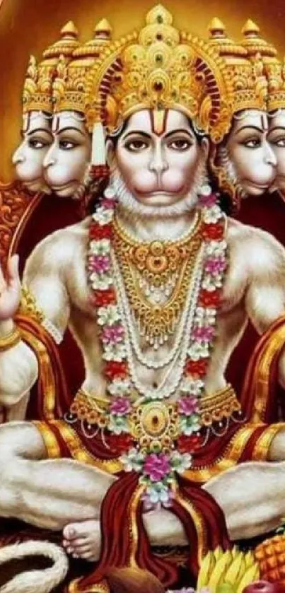 Five-faced Hanuman deity mobile wallpaper with vibrant colors and detailed design.