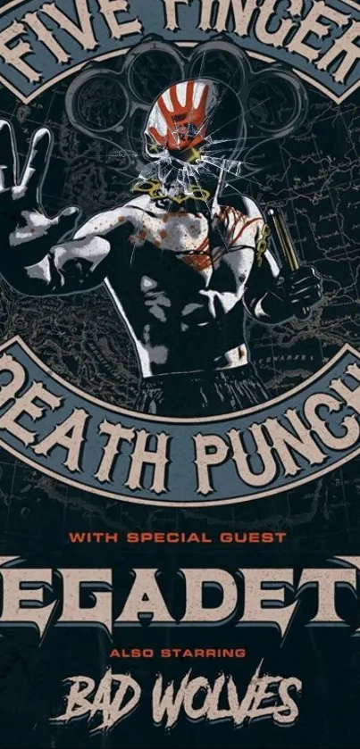 Graphic of Five Finger Death Punch poster with a dark intense design.