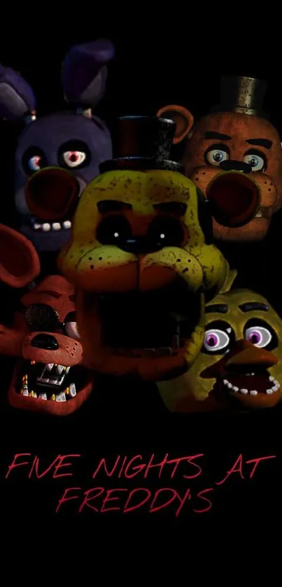 Five Nights at Freddy's animatronic faces on a dark background for mobile wallpaper.