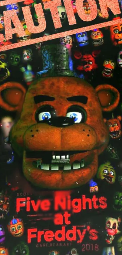 Five Nights at Freddy's character collage with caution sign.