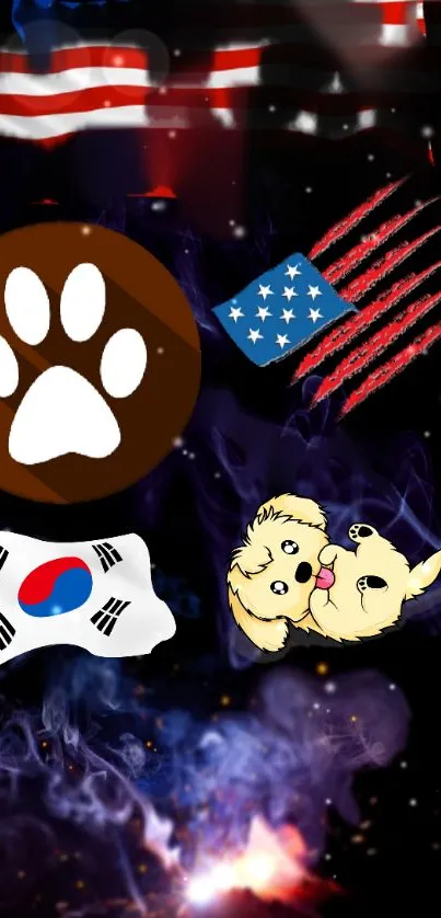 Colorful wallpaper with flags, a dog, and paw print on a dark background.