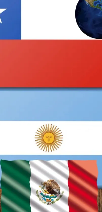 Wallpaper featuring flags of Chile, Argentina, Mexico and a globe.