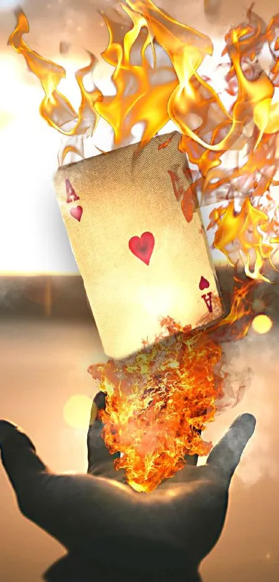 A fiery Ace of Hearts card resting on a flaming hand, set against a blurred background.