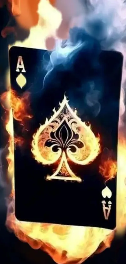 Ace of spades card engulfed in vibrant flames.