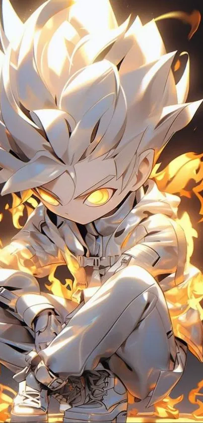 Anime character with glowing eyes surrounded by flames.