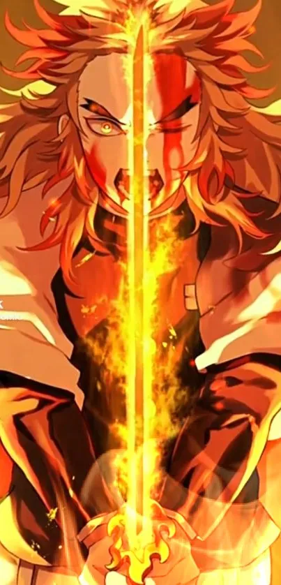 Anime warrior with flaming sword in action pose.