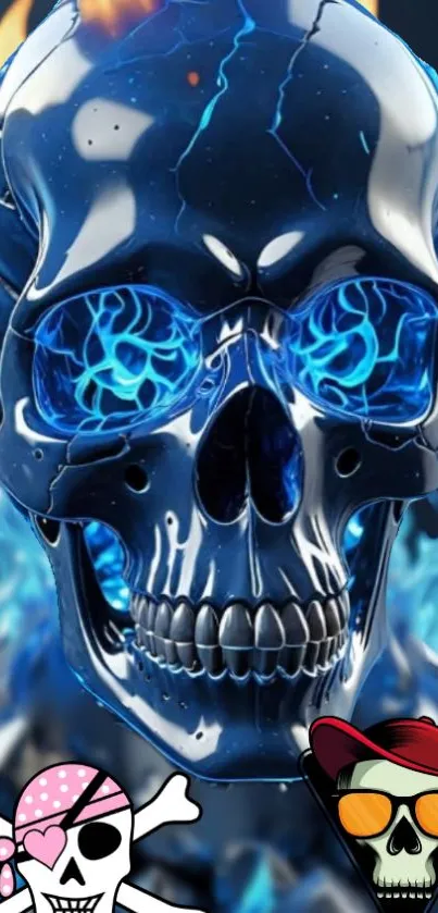 Fiery blue skull art wallpaper with digital flames.