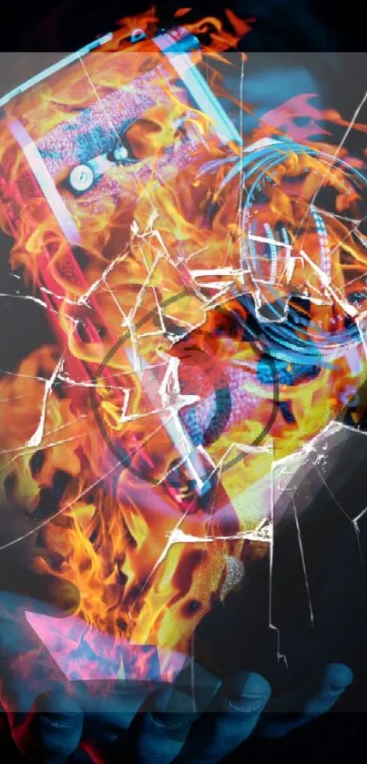 Vibrant shattered phone with flames on black background.